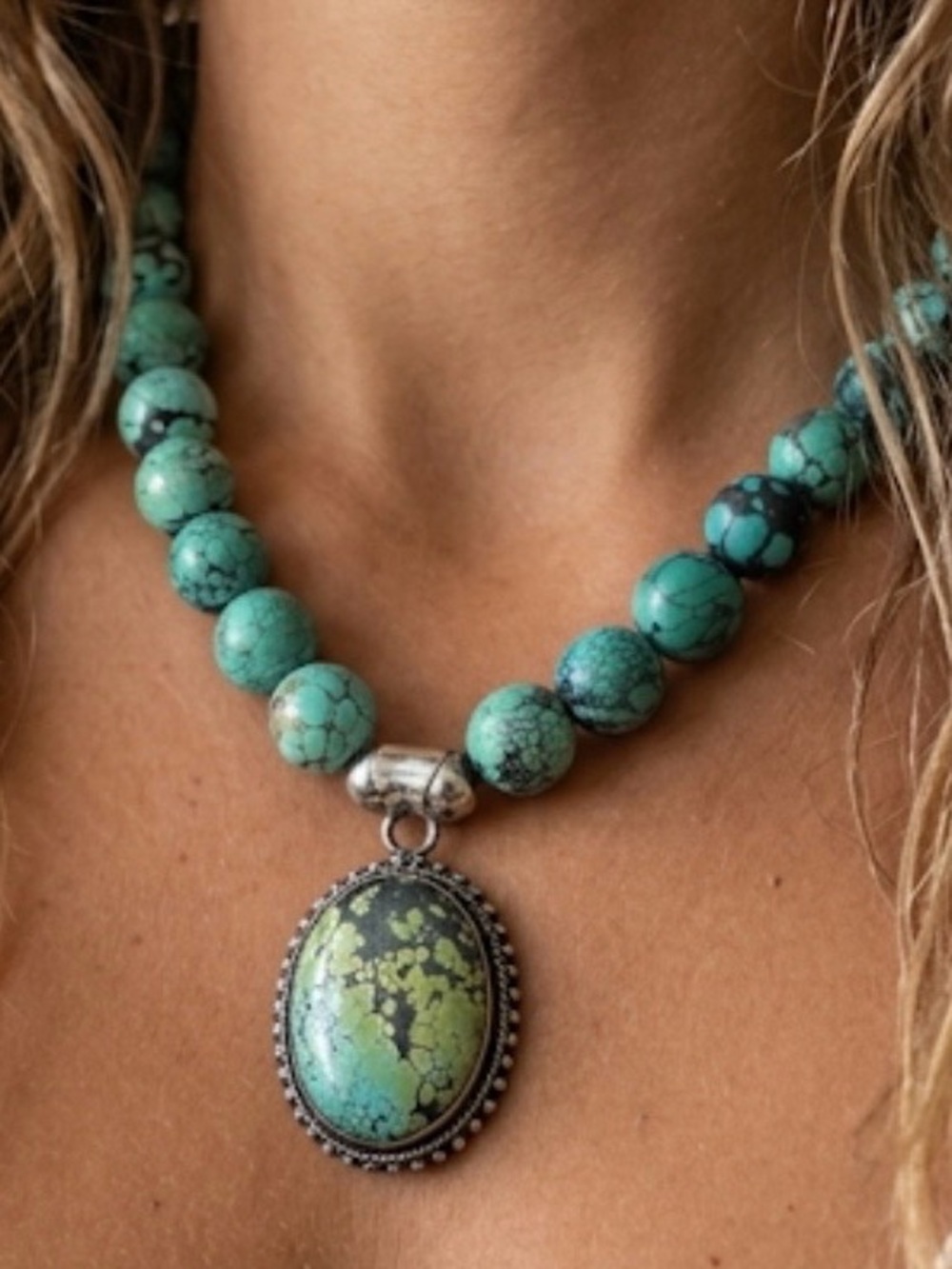 Hubei Turquoise 112 gram Sterling Silver 925 Necklace 19 inches 13mm beads